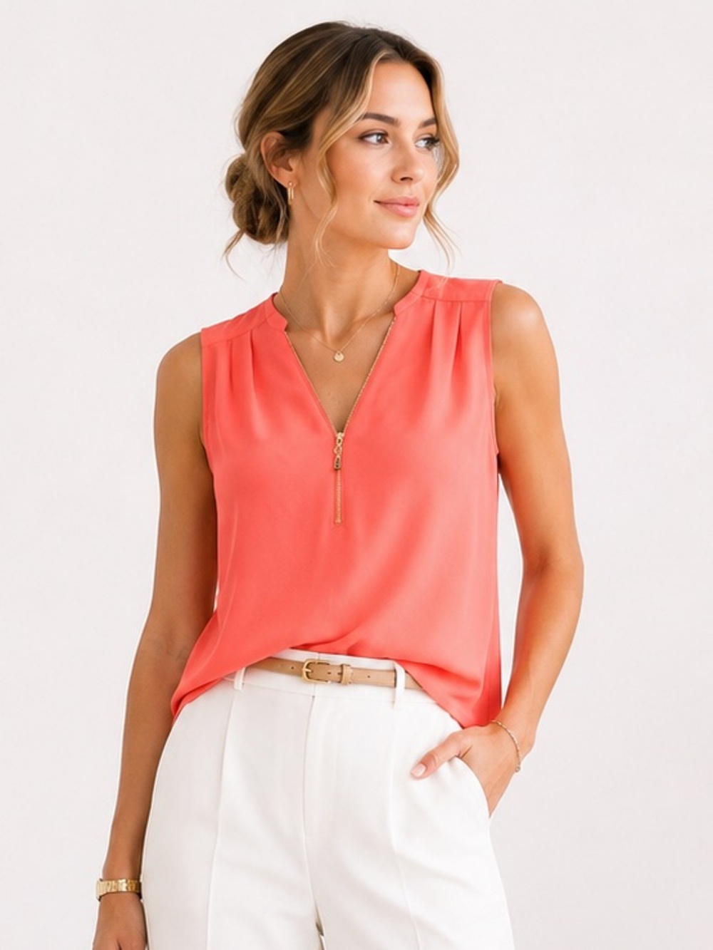 Coral Salmon Zip Front Sleeveless Blouse V-Neck Workwear Summer Top Small